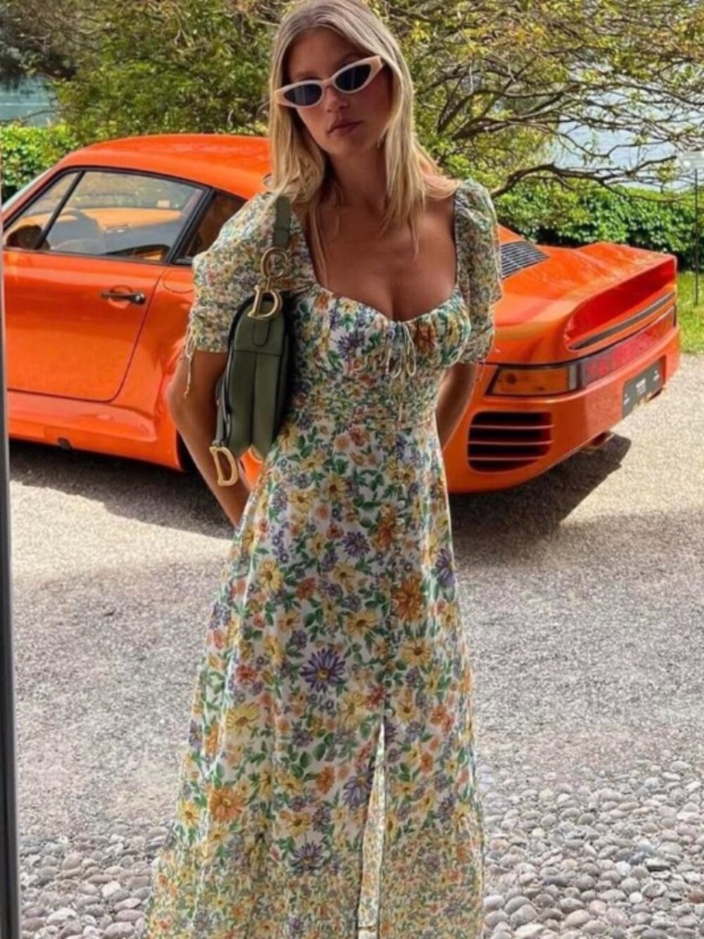 For Love and Lemons Riley Midi Dress Green Floral Large
